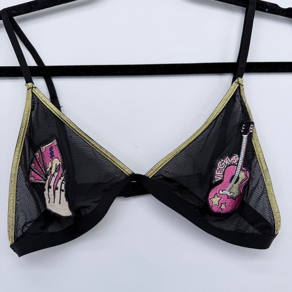 Undiz‎ Black Mesh Vegas Embroidery Bralette Gold Trim Triangle Bra Large